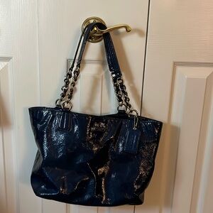 Coach blue patent leather bag with top zip closure